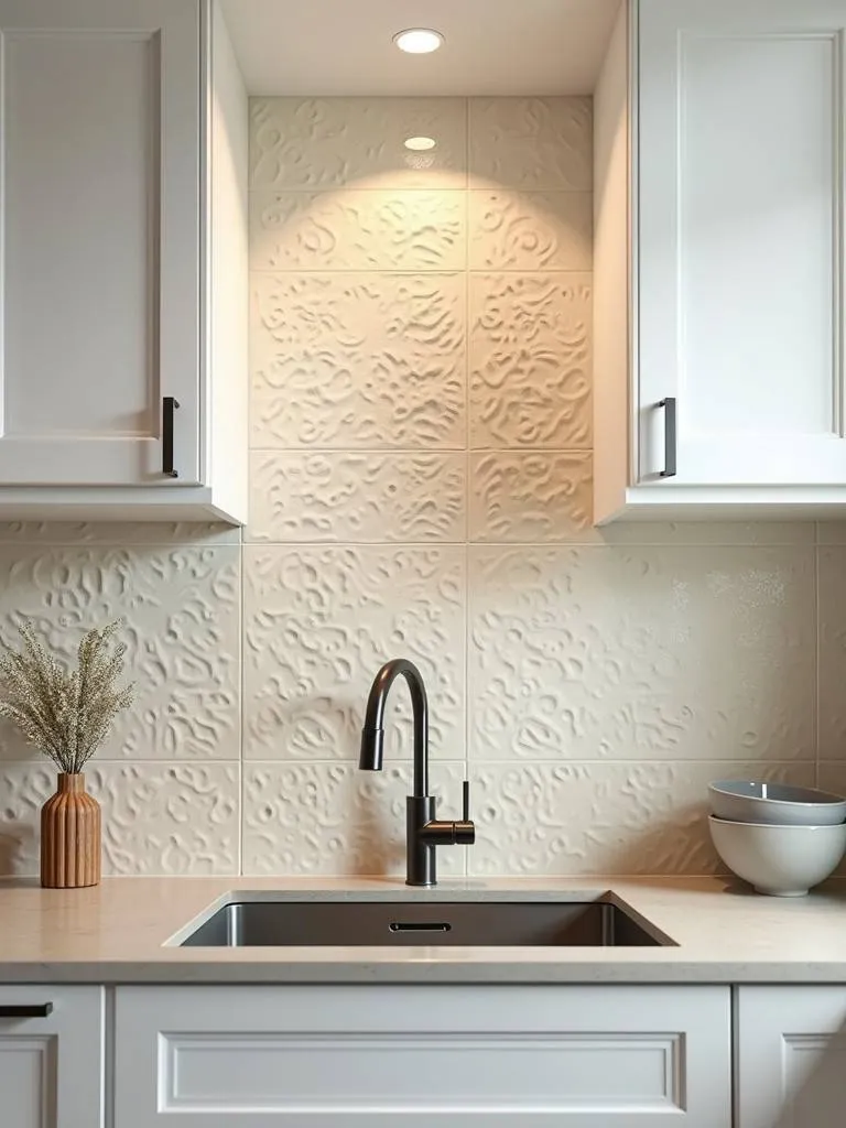 A kitchen with white cabinets and a 3D textured tile backsplash