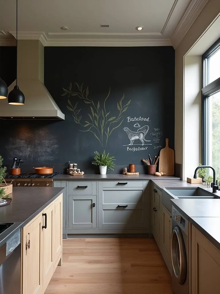 A kitchen with a large chalkboard wall featuring drawings and messages.