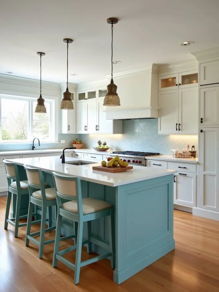 A brightly painted kitchen island in light teal blue color serves as a bold statement in a modern kitchen.