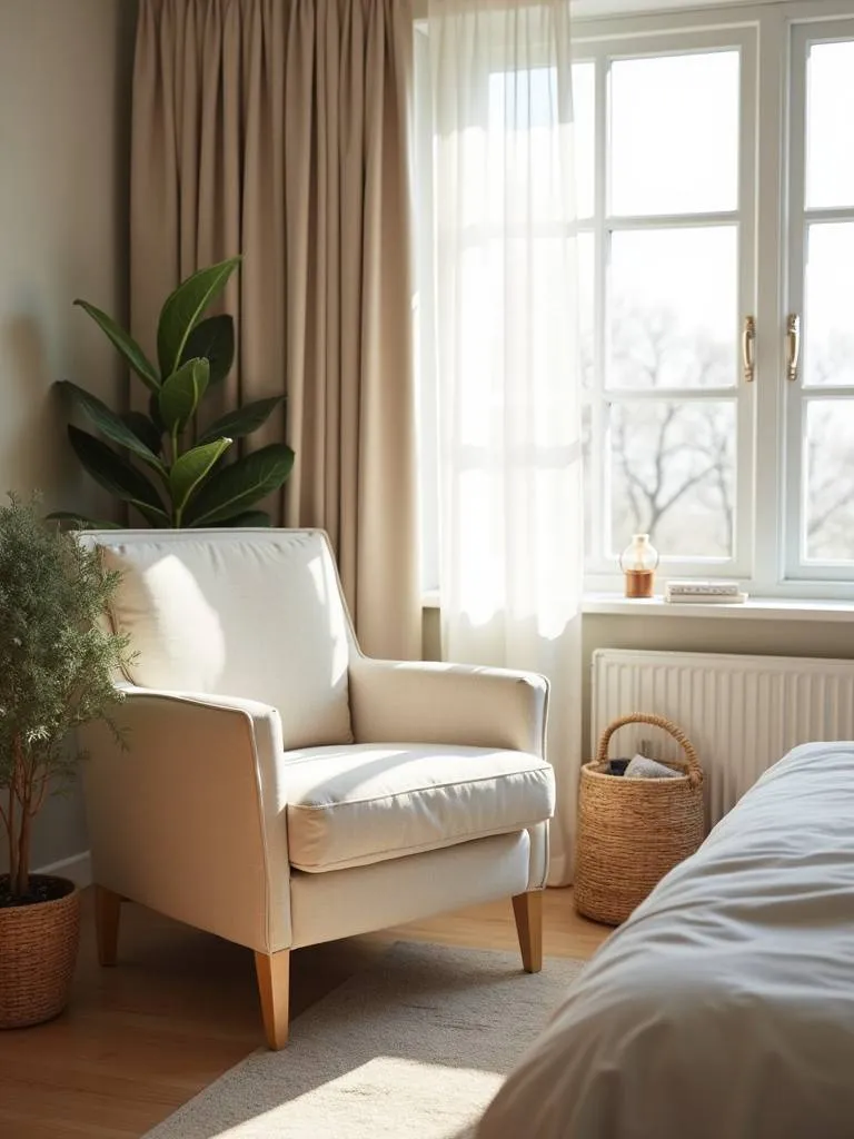 A comfortable armchair in a cozy bedroom setting.