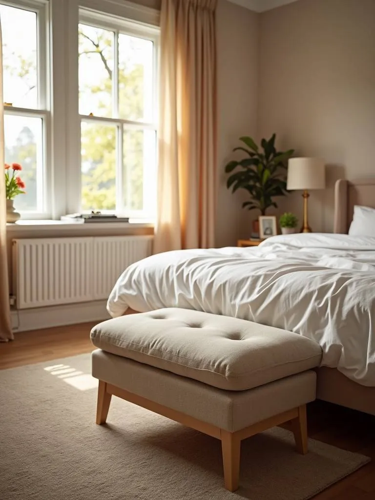 A comfortable ottoman at the foot of the bed in a cozy bedroom.