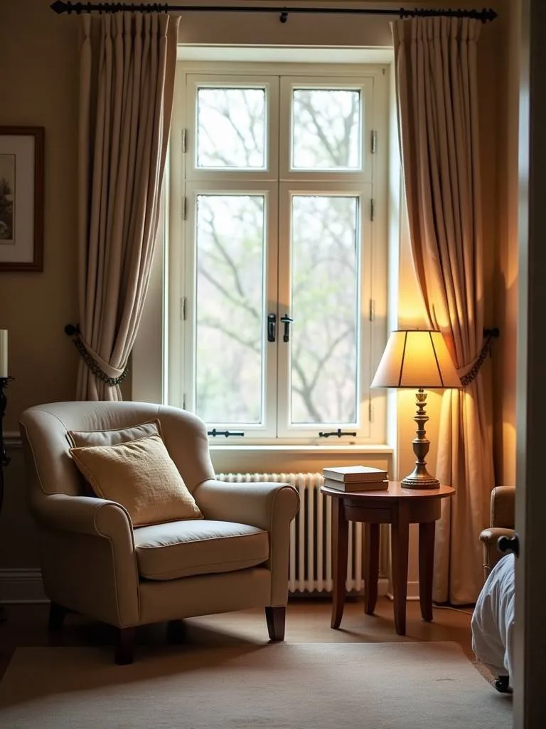 A cozy reading nook in a bedroom setting.