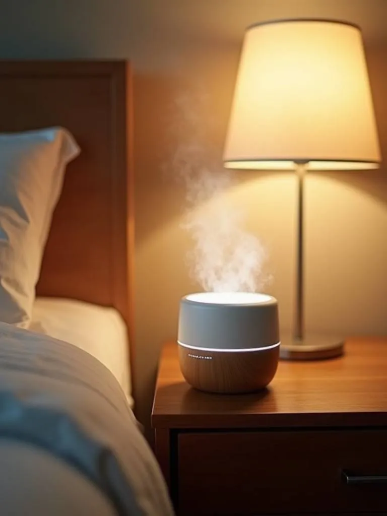 An essential oil diffuser creating a calming atmosphere in a cozy bedroom.
