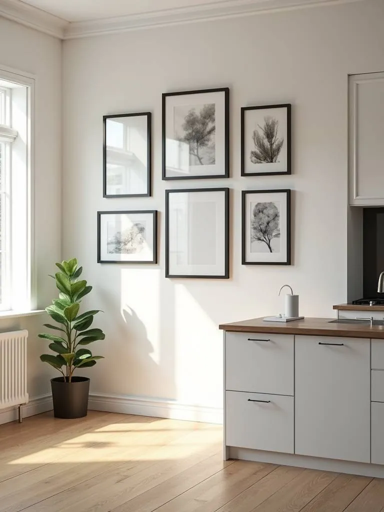A kitchen with a unique gallery wall featuring various framed artwork and prints.