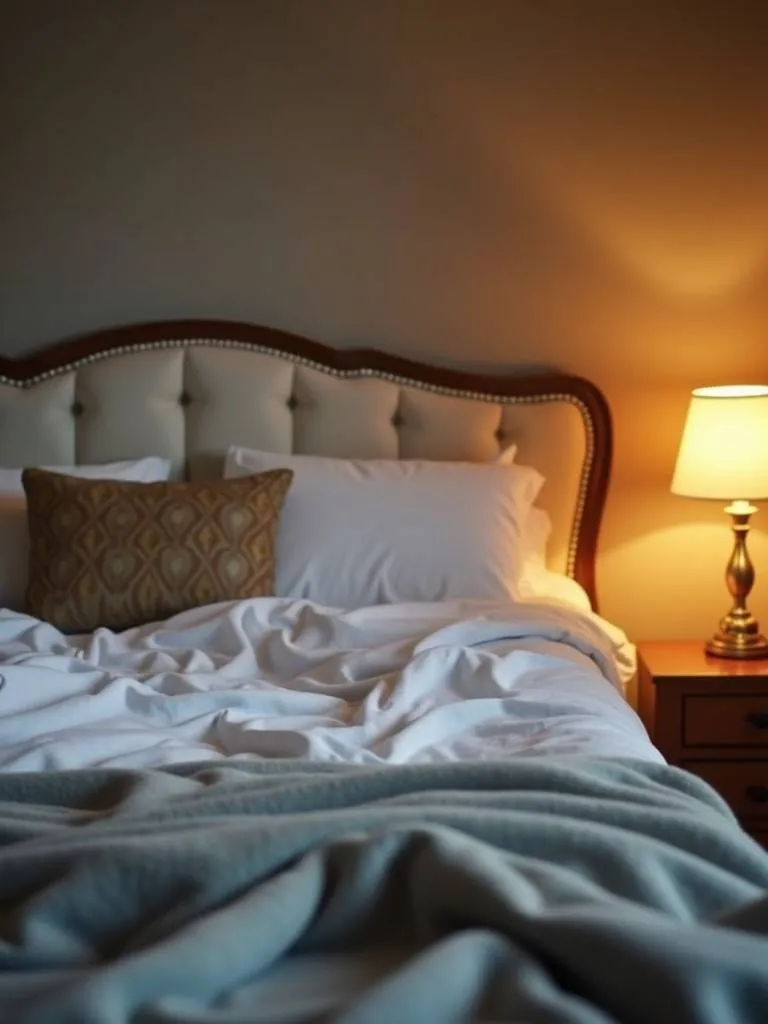 A bed with a soft, upholstered headboard in a cozy bedroom