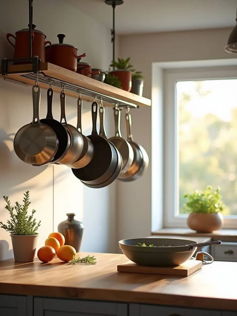 A functional kitchen with a pot rack that displays both decorative and cooking elements.
