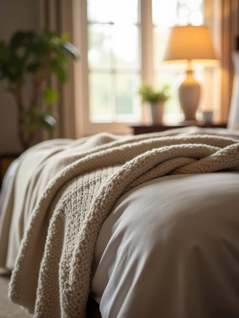 A soft throw blanket adding warmth and comfort to a cozy bedroom.