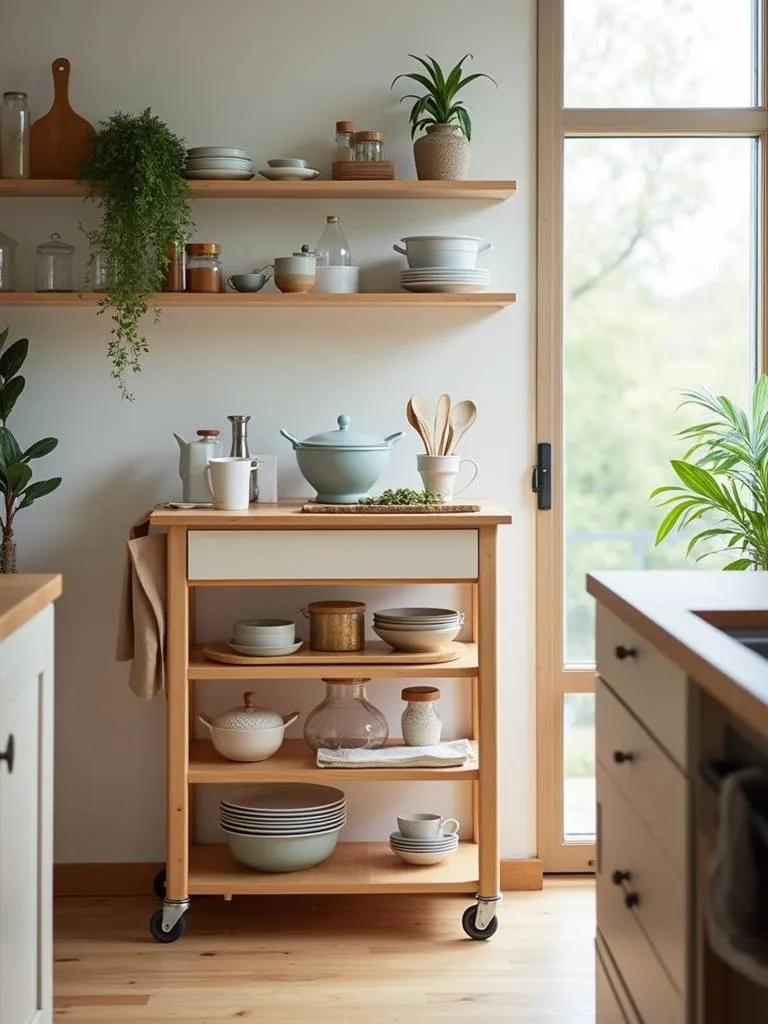 A versatile and stylish kitchen with a portable rolling cart for storage.