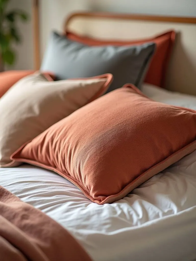 A close-up of a bed with a mix of different sized and colored accent pillows creating a warm and inviting look