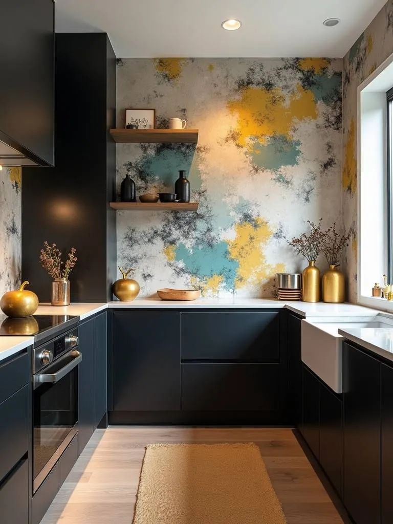 A modern eclectic style kitchen with abstract art wallpaper