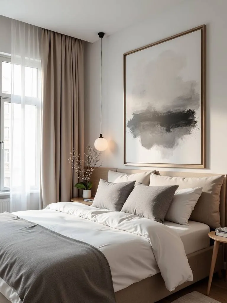 A bedroom featuring a large piece of abstract wall art, adding a touch of modern flair and personality