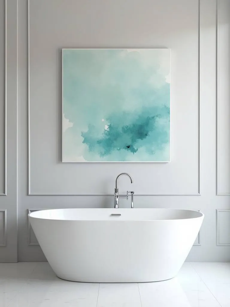 A minimalist bathroom with a large abstract watercolor painting above a bathtub.