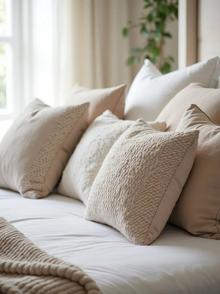 A bed with abundant throw pillows creating a cozy and inviting feel.