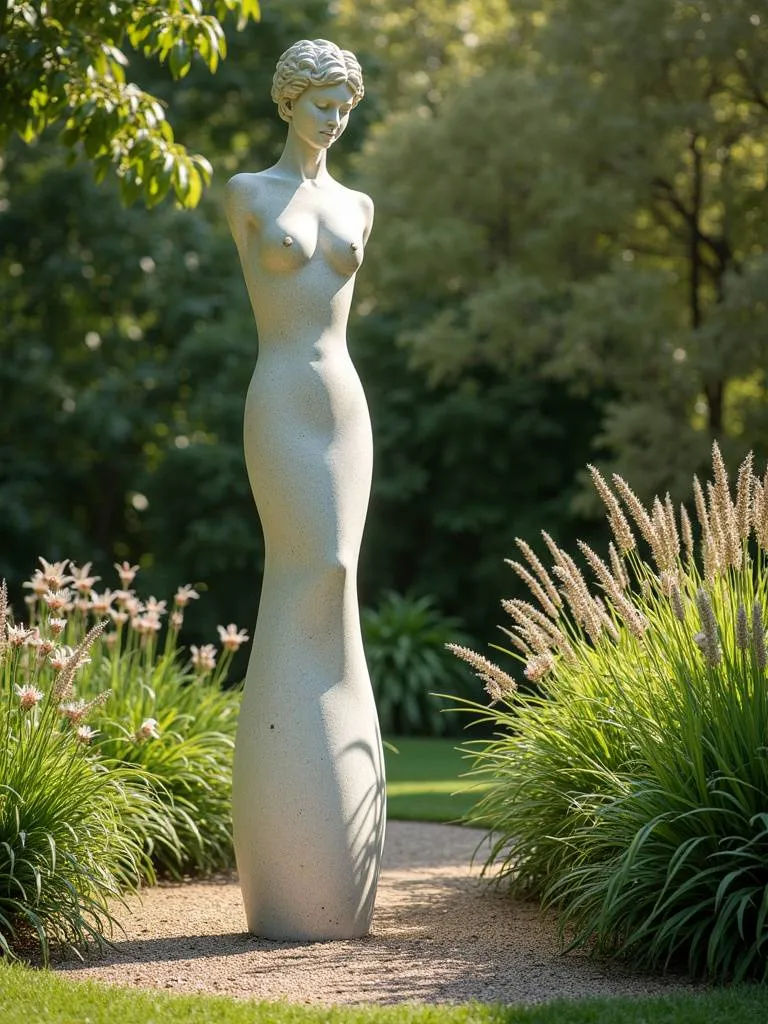 Garden sculpture in front yard surrounded by plants