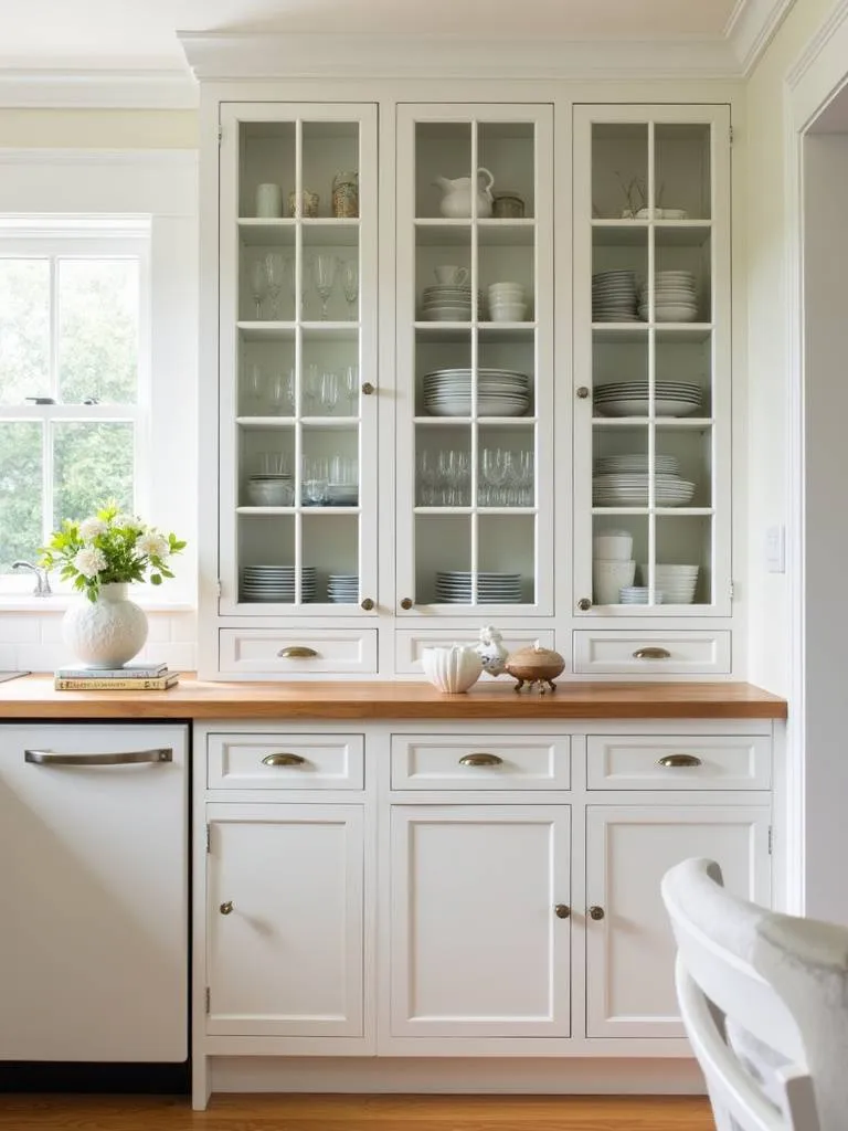 Tall kitchen cabinets with glass doors showcasing dishes and glassware.