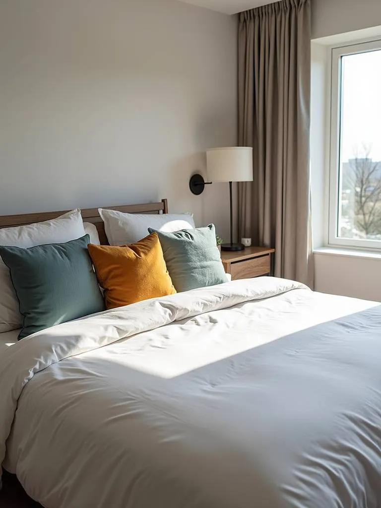 A lively bedroom showcasing accent pillows in bold colors, that contrast against a white duvet set.