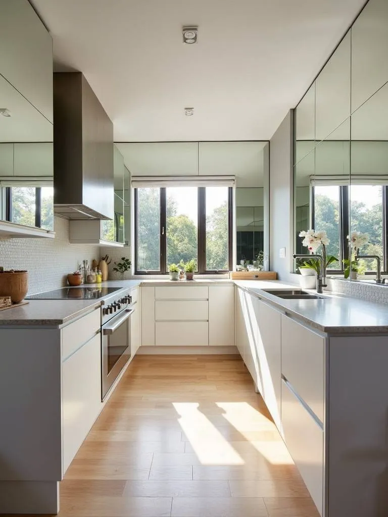 small kitchen with large mirrors on the walls and backsplash, creating a sense of space and light