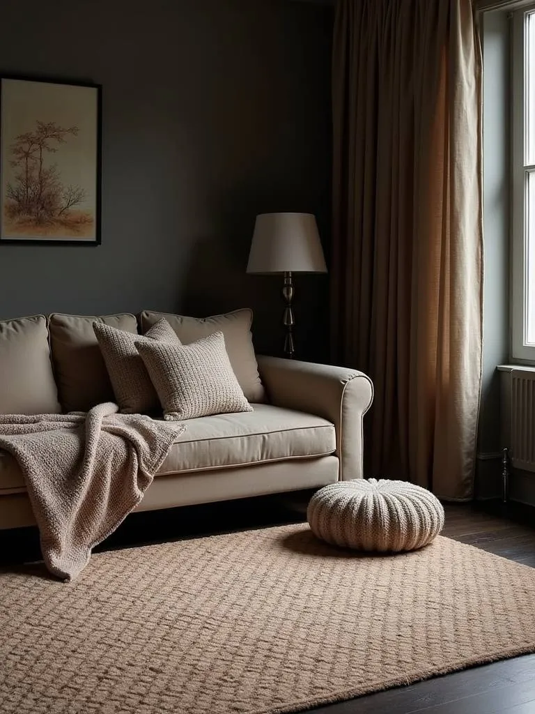 A living room featuring a woven rug, velvet sofa, and knit pillows.