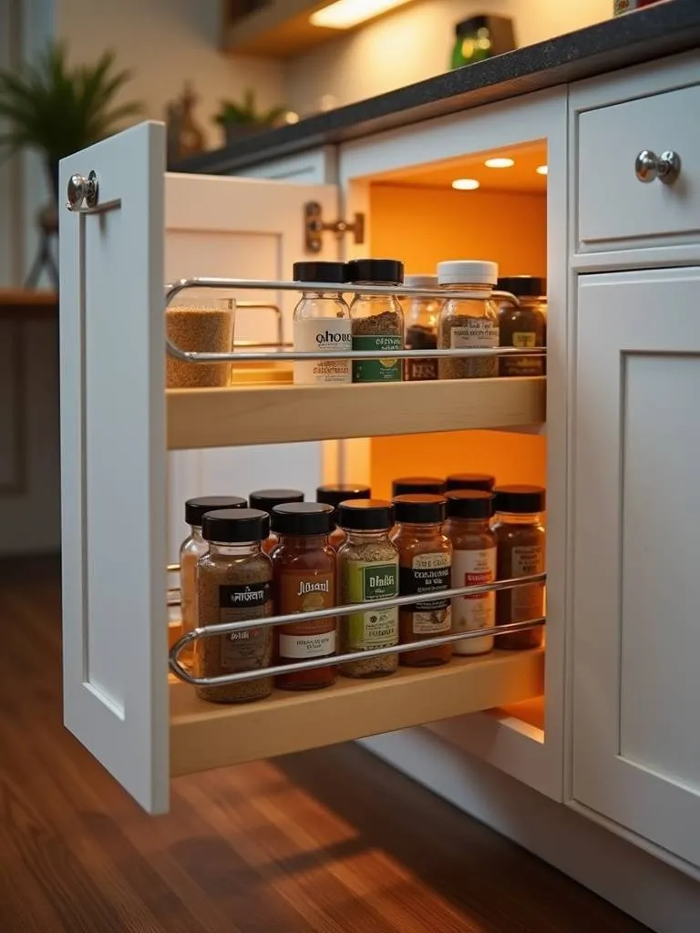 Close up of spice rack pulled out and organized.