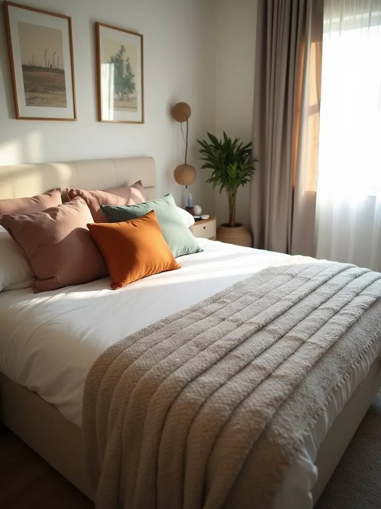 A small bedroom with decorative colorful throw pillows adding character to the space.