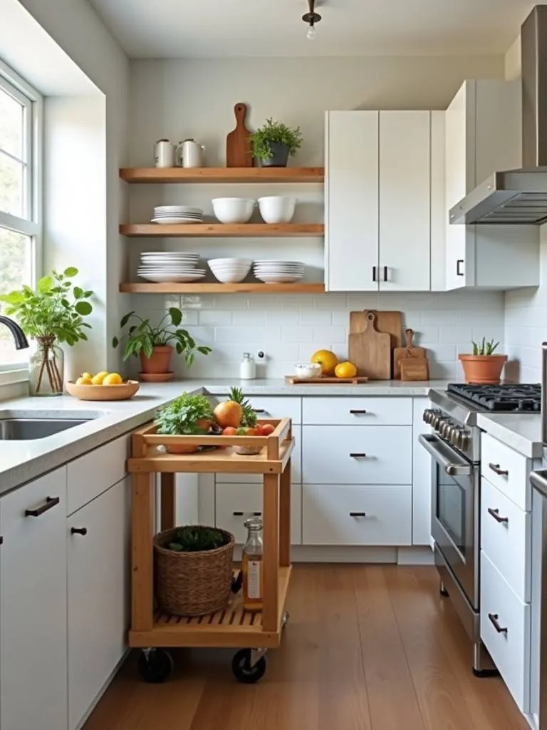 small kitchen featuring a rolling cart used for extra counter space and storage, displaying flexible kitchen organization