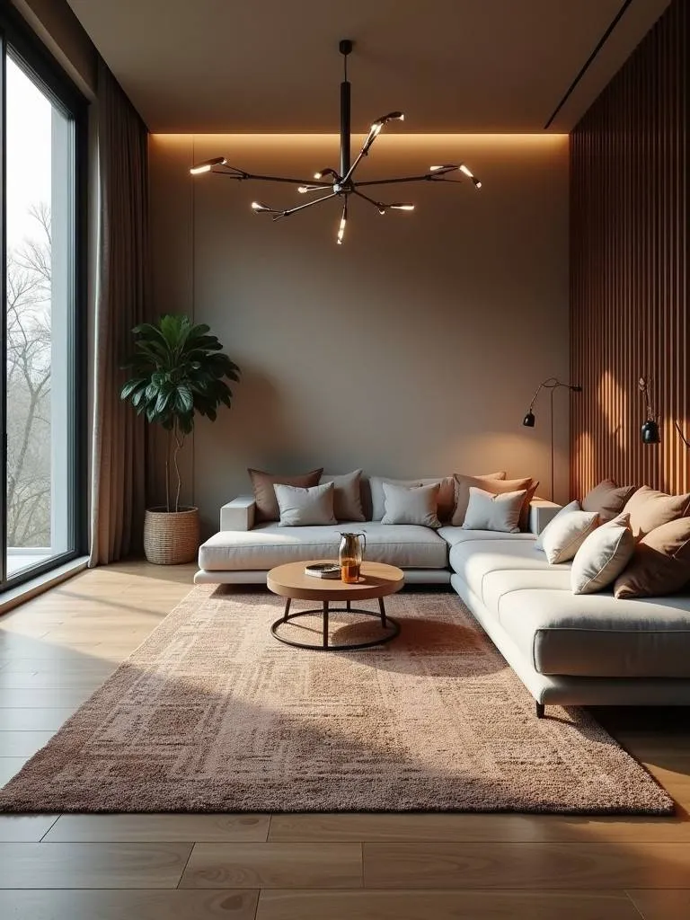 Modern bedroom featuring a central area rug