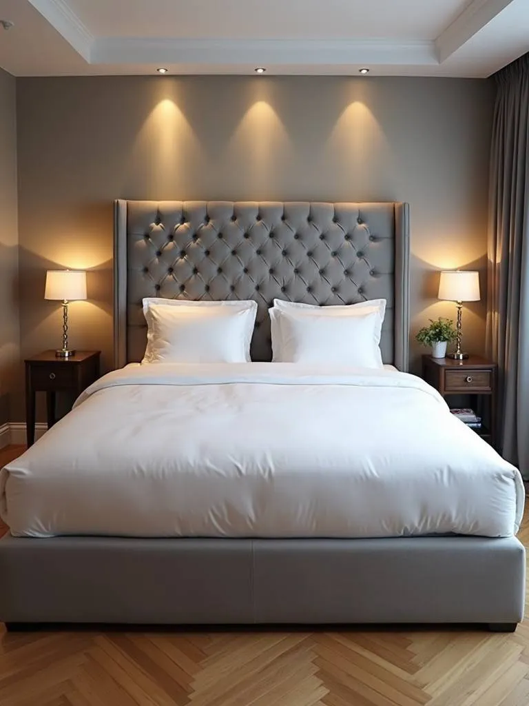 Elegant bedroom featuring a large tufted gray headboard