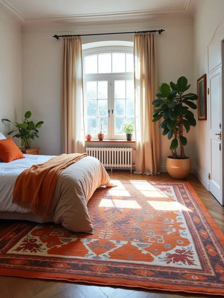 A small bedroom where a statement rug provides visual interest to the overall design.