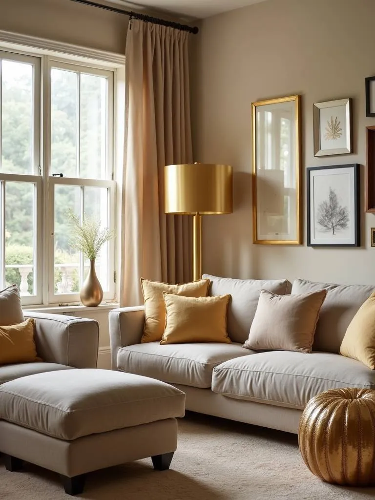 A living room showing various gold accents through lamps, decor and throw pillows.