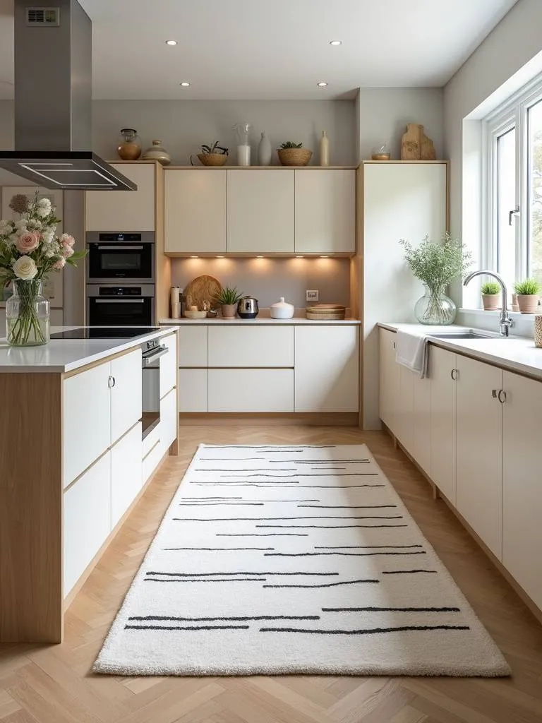 A stylish kitchen with a dark line pattern rug.