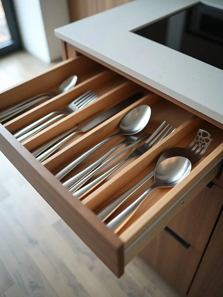 A kitchen drawer organized with adjustable dividers, showing various utensils neatly separated.