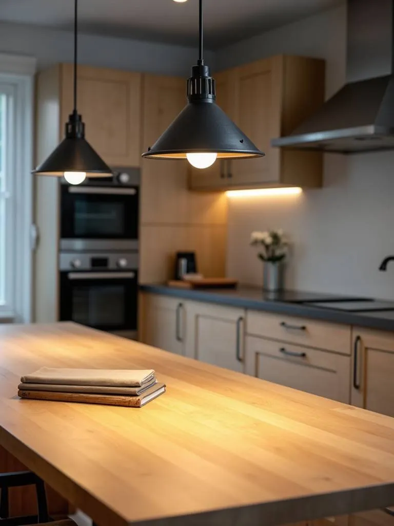 A contemporary kitchen with an adjustable height pendant above the table.