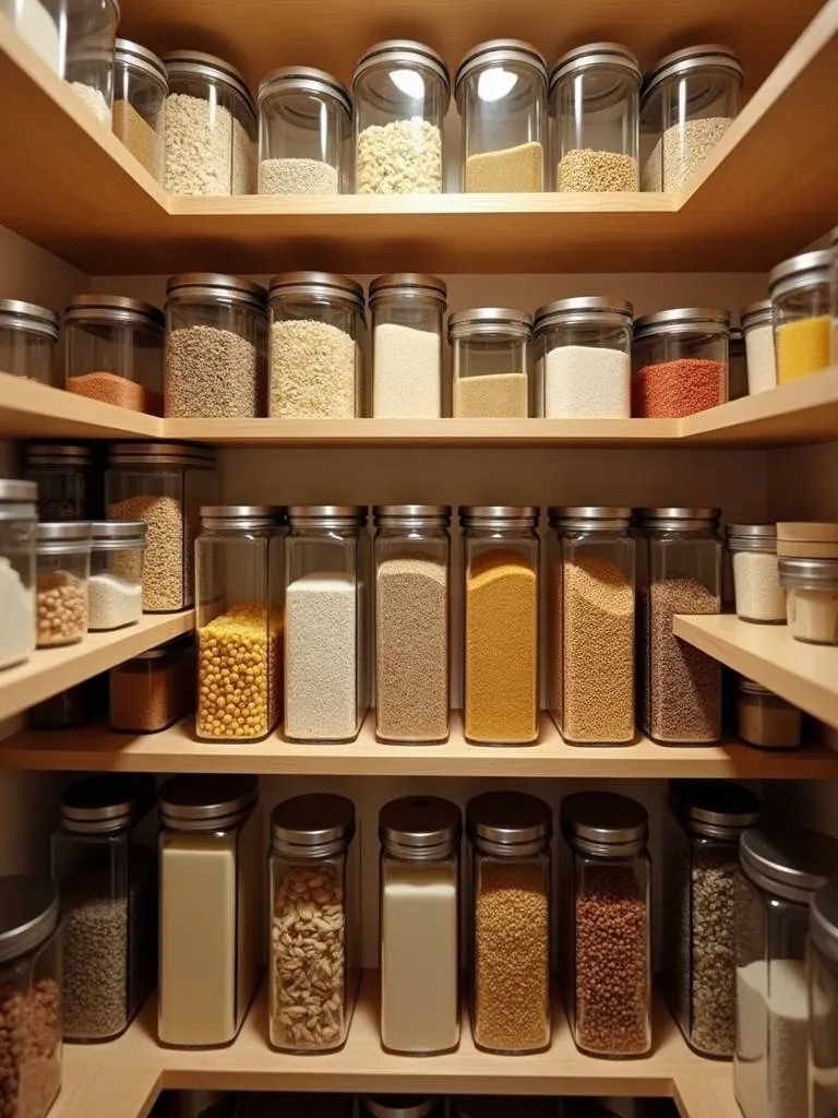 A well-organized pantry with clear glass airtight containers on wooden shelves