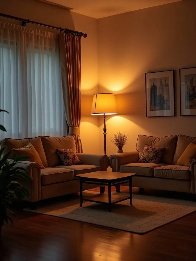 A living room with multiple light sources creating a warm and inviting atmosphere.