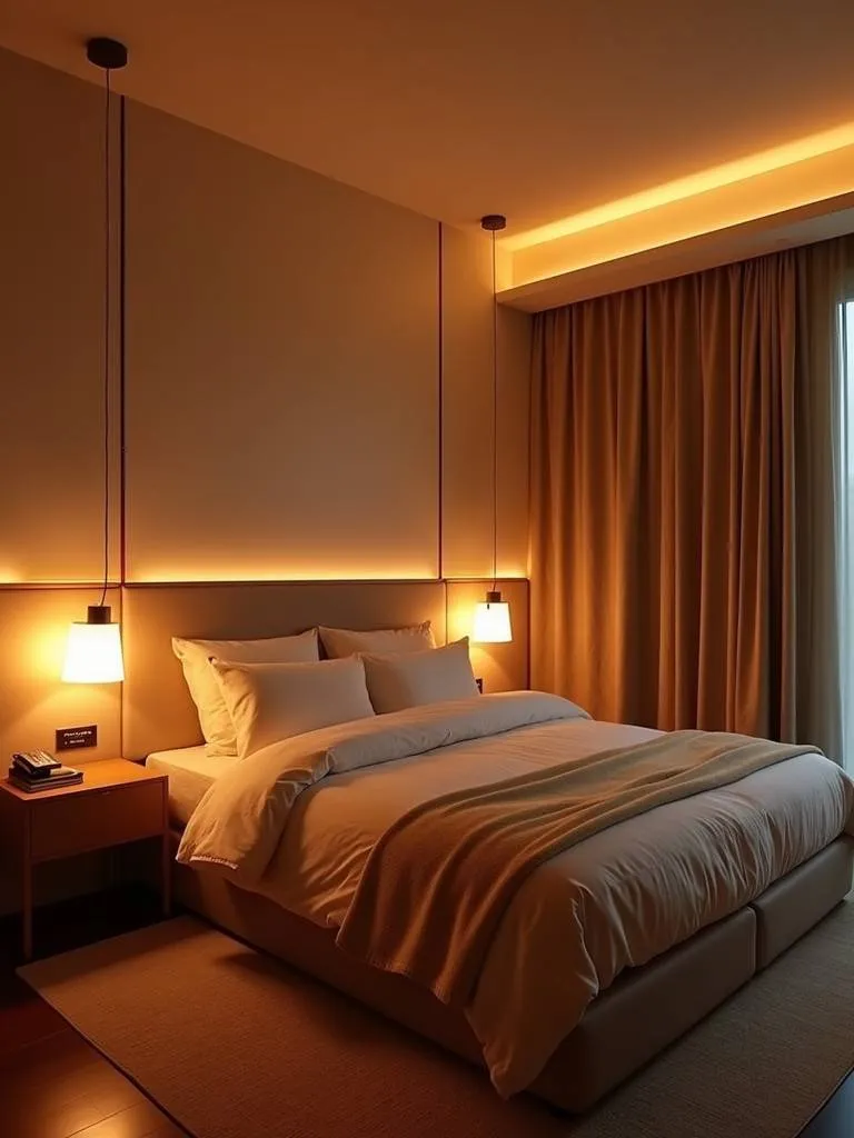 A modern bedroom featuring warm ambient lighting, created using various light sources, enhancing the room’s cozy and relaxed feel