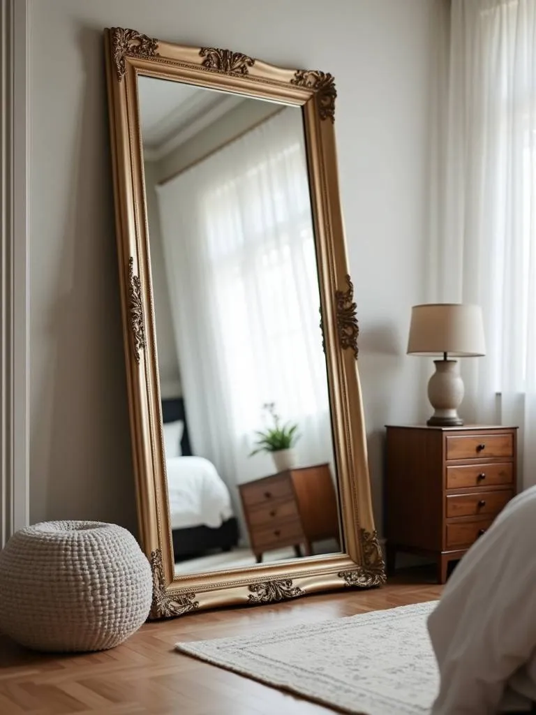 A bedroom with a large decorative mirror leaning against a wall, reflecting the opposite side of the room, adding depth and light