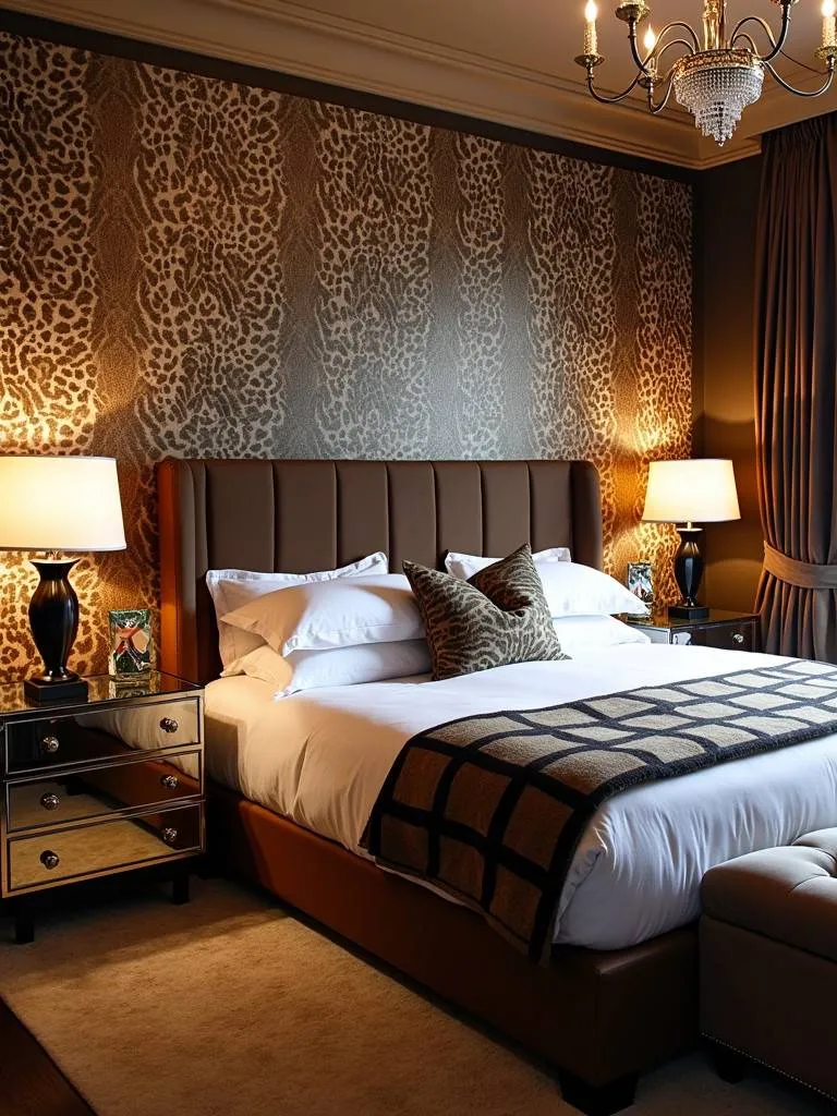 A bold bedroom featuring an animal print wallpaper accent wall, complemented by luxurious furnishings and dramatic lighting.