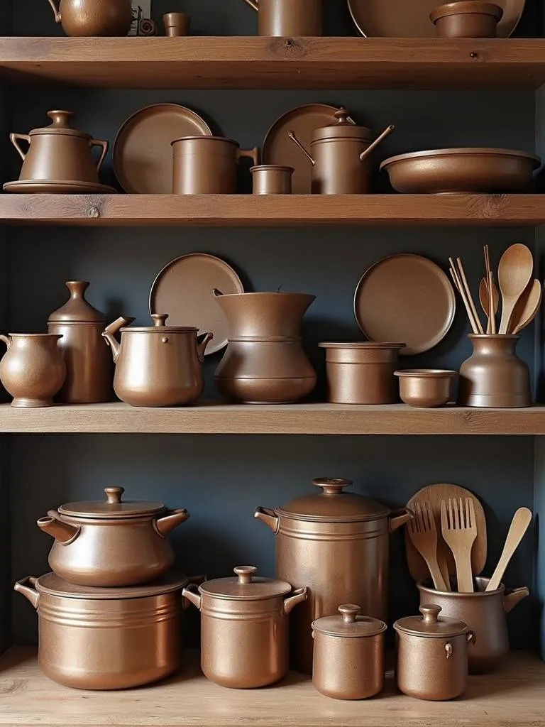 A kitchen display featuring a variety of antique brown kitchen accessories.
