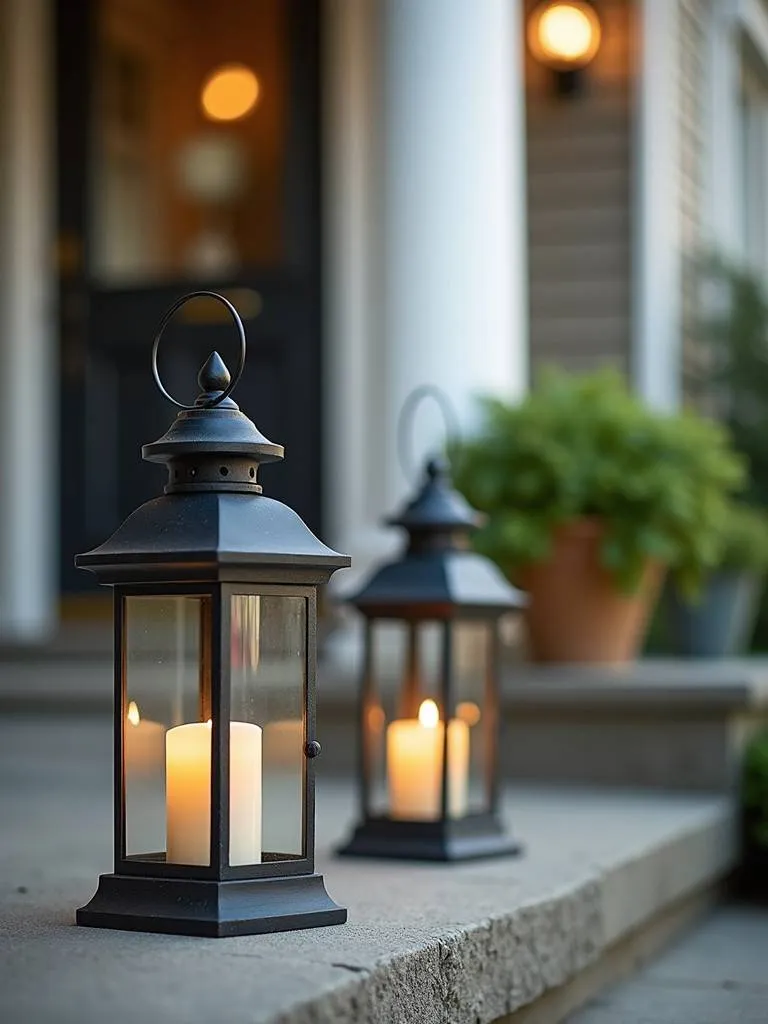 A few antique lanterns placed on the steps of a front porch.