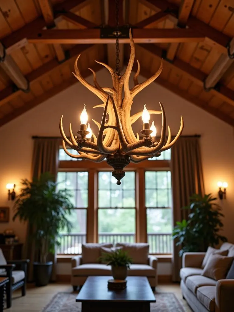 A rustic living room featuring an antler chandelier as a focal point.