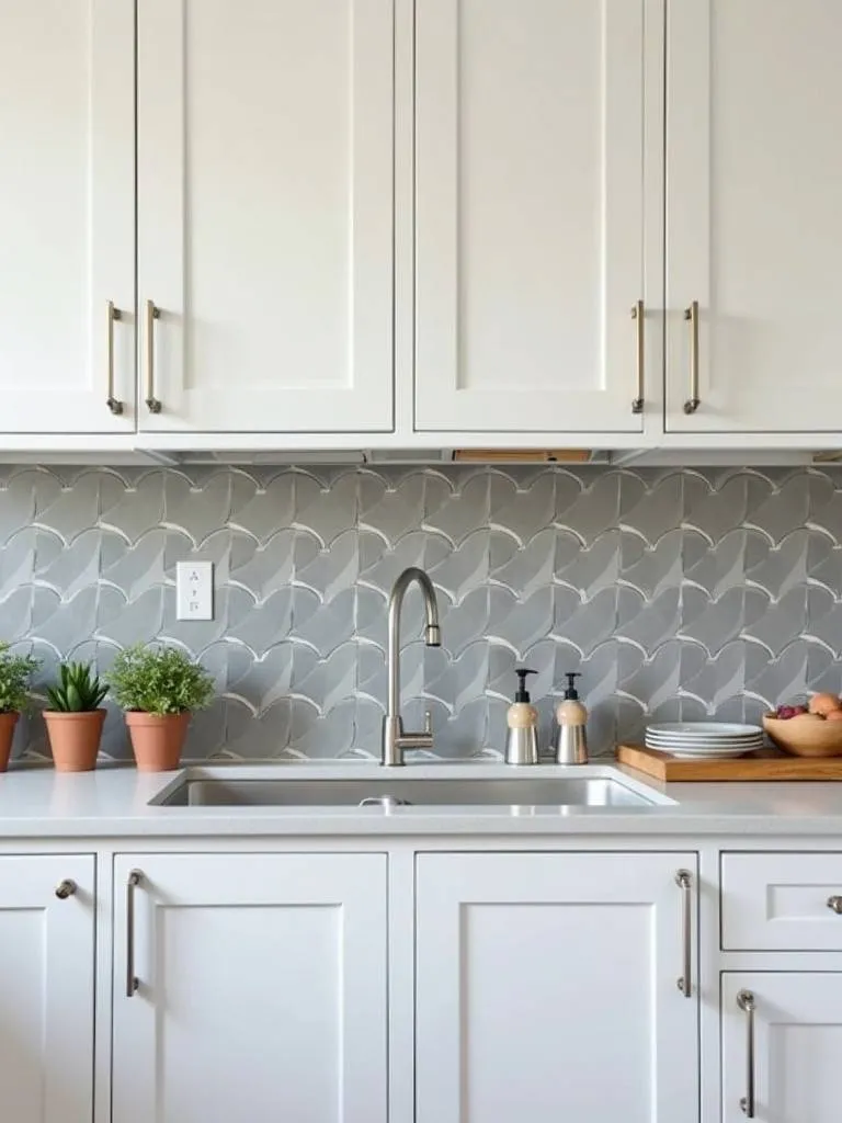 A kitchen with white cabinets and an arabesque tile backsplash