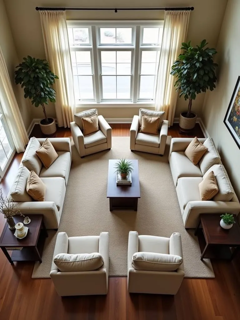 A living room with furniture arranged to create a circular conversational area.