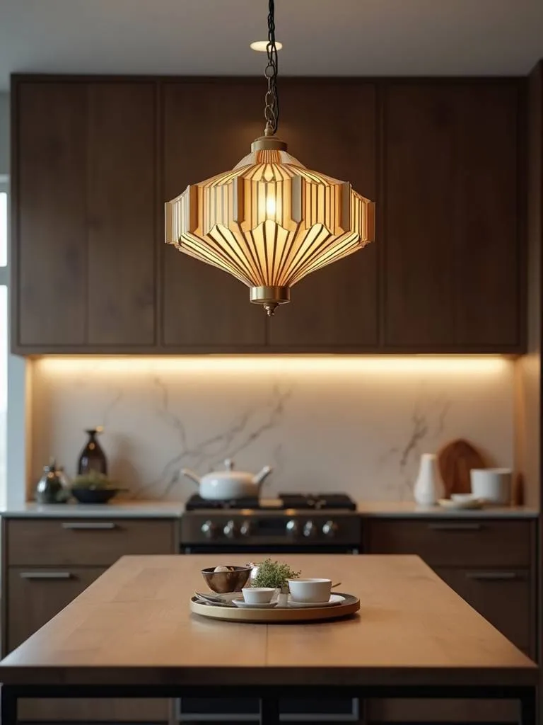 A modern kitchen with an art deco light fixture hanging over the table.