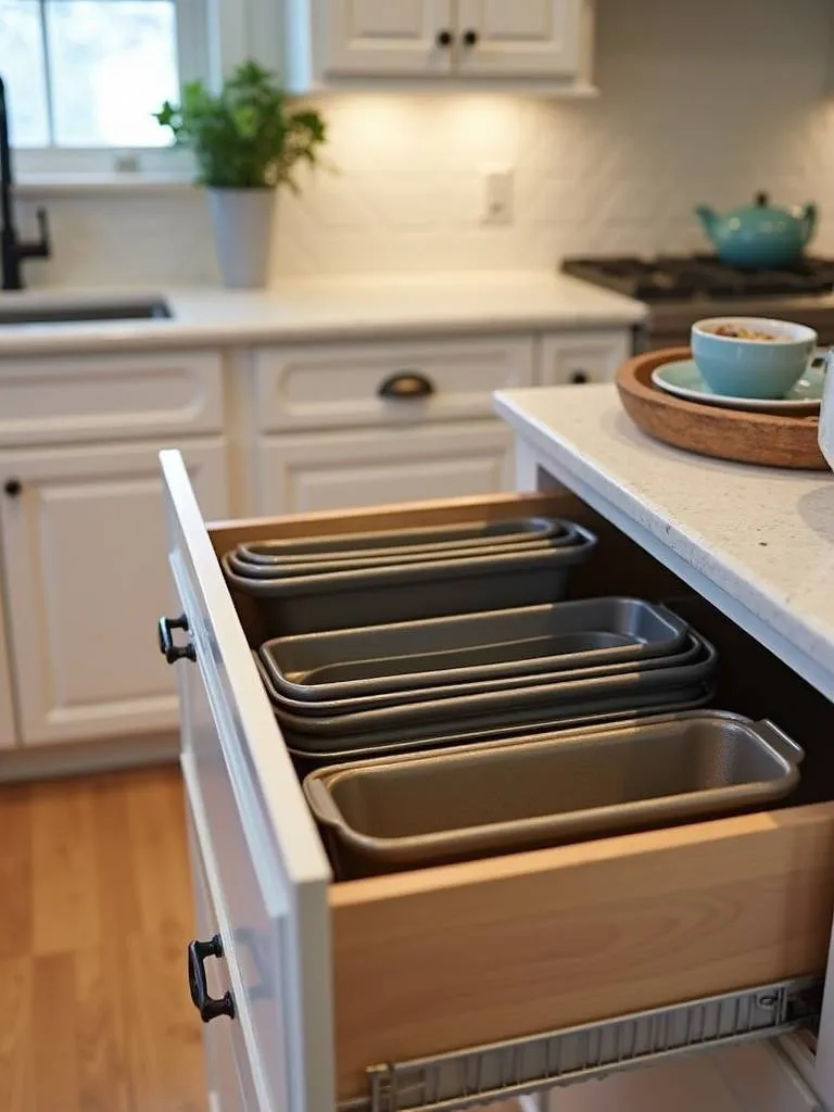 Image of a kitchen baking tray organizer placed inside a kitchen cabinet holding several baking sheets vertically