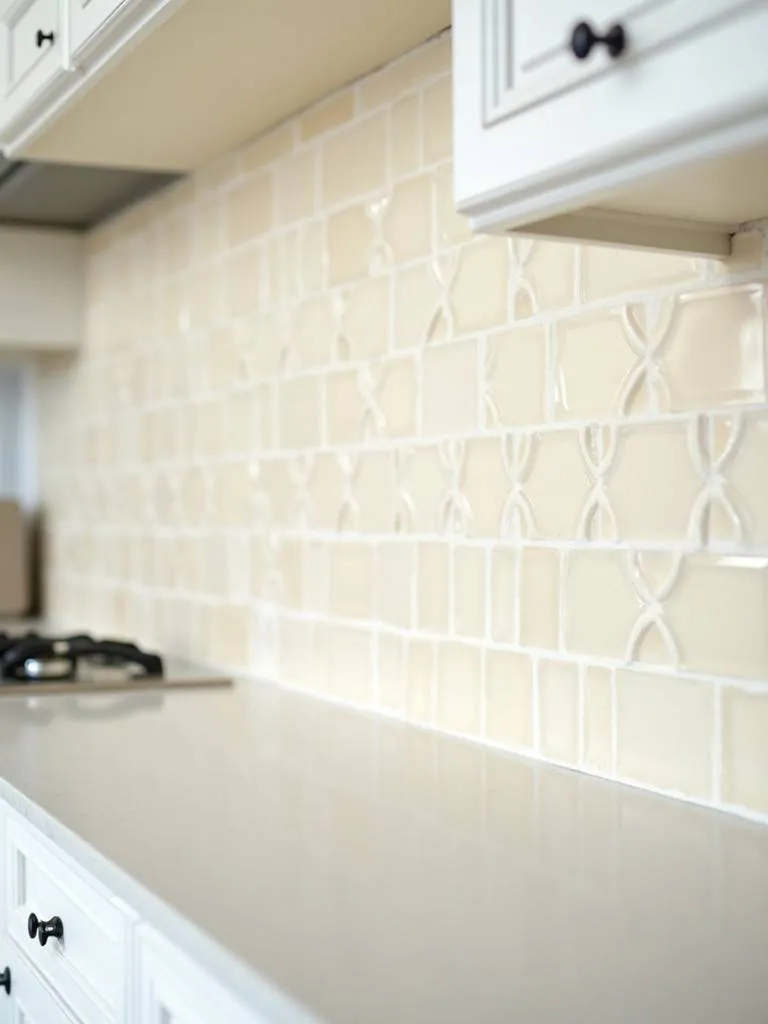 A kitchen backsplash with white cabinets and beveled edge tiles