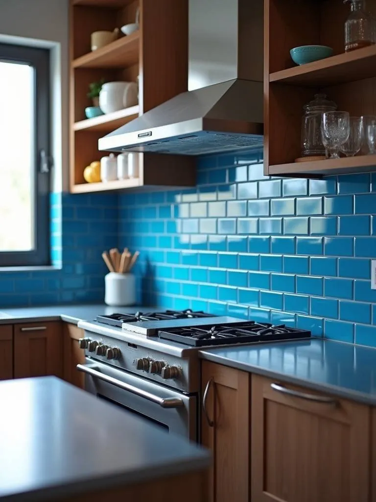 Close up of vibrant blue backsplash tiles in a kitchen with stainless steel and wood.