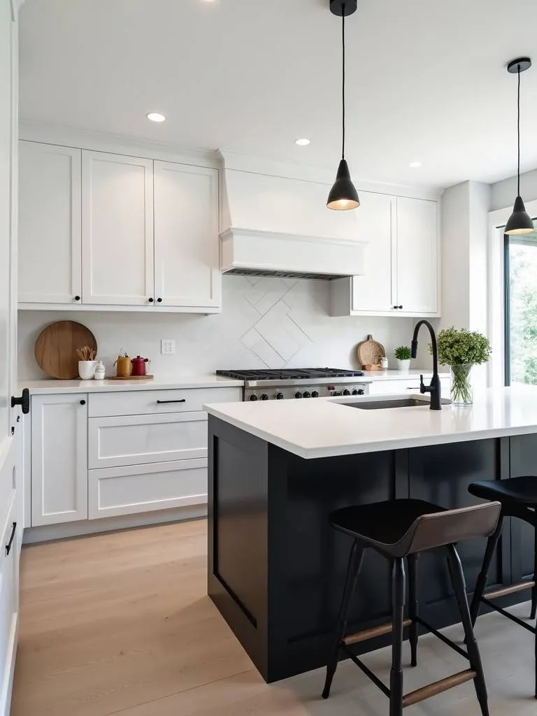 A contemporary white kitchen with a striking bold black island, complemented by a white quartz countertop