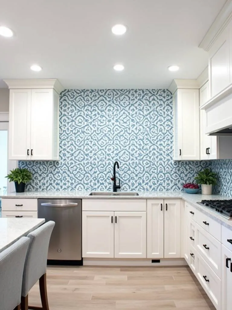 A kitchen with white cabinets and a bold geometric tile backsplash