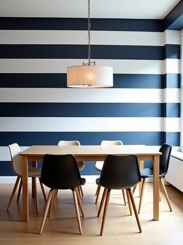 Dining room with a bold navy blue and white horizontal striped accent wall