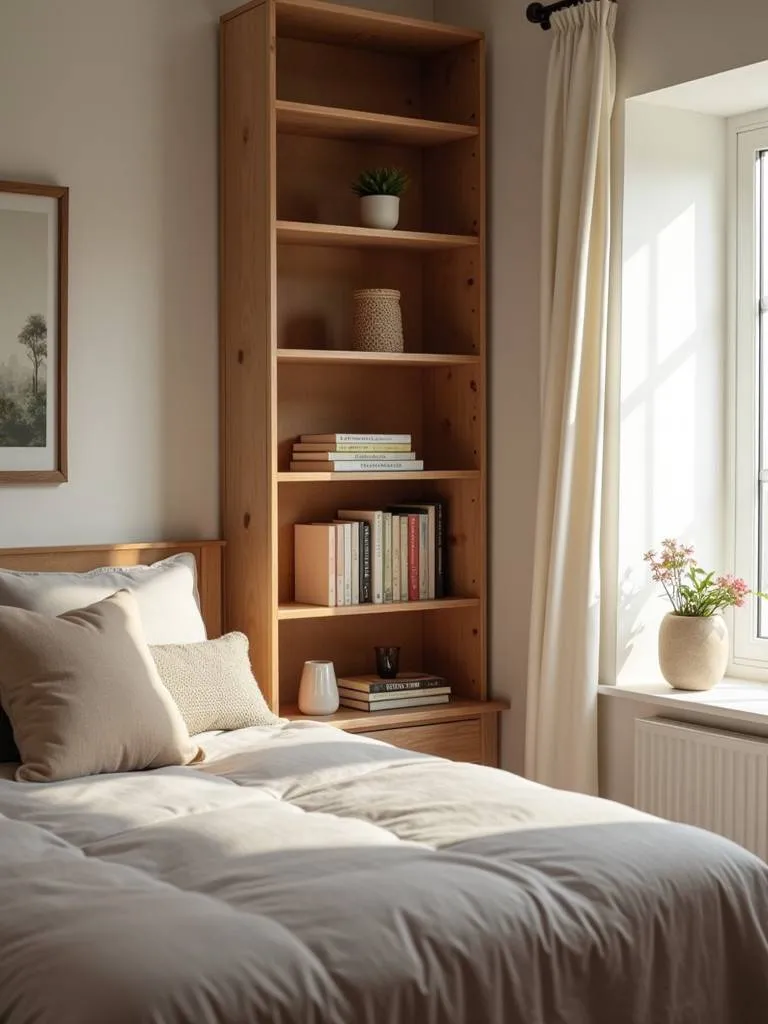 A bedroom with a bookshelf within reach for a relaxing reading experience